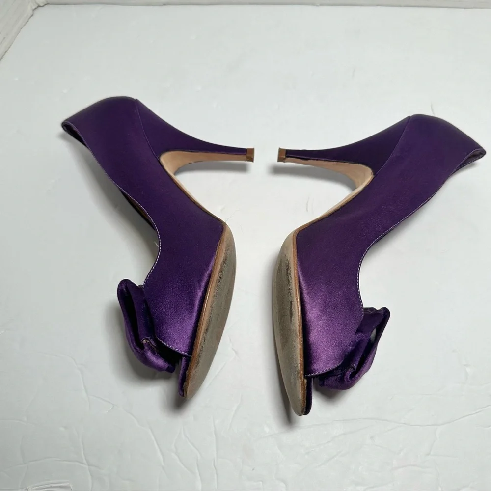 Kate Spade Women’s Purple Satin Peep Toe High Heels with Bow Accent- Size 6.5